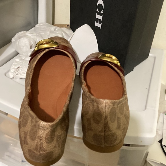 Coach Statonbelt signature buckle coated canvas tan rust leather trim flats - Picture 6 of 8
